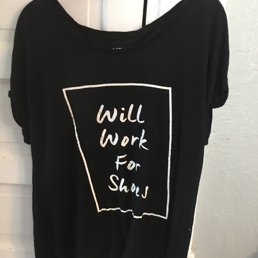 APT 9 black “will work for shoes” T-shirt